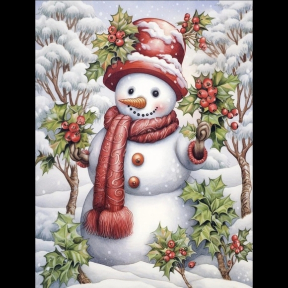 None Other - Winter Holiday Red Holly Snowman 5D Diamond Painting Kit New